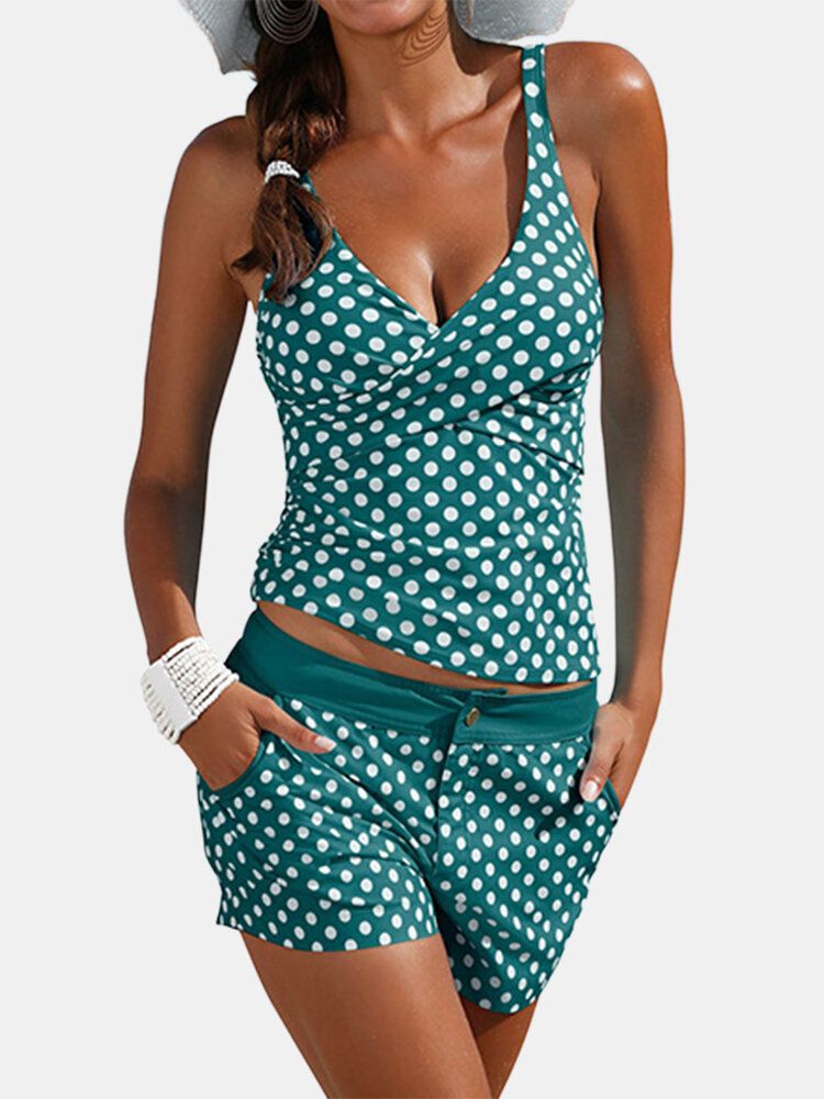 Damen Polka Dot Wide Straps Twisted Cover Belly Tankini