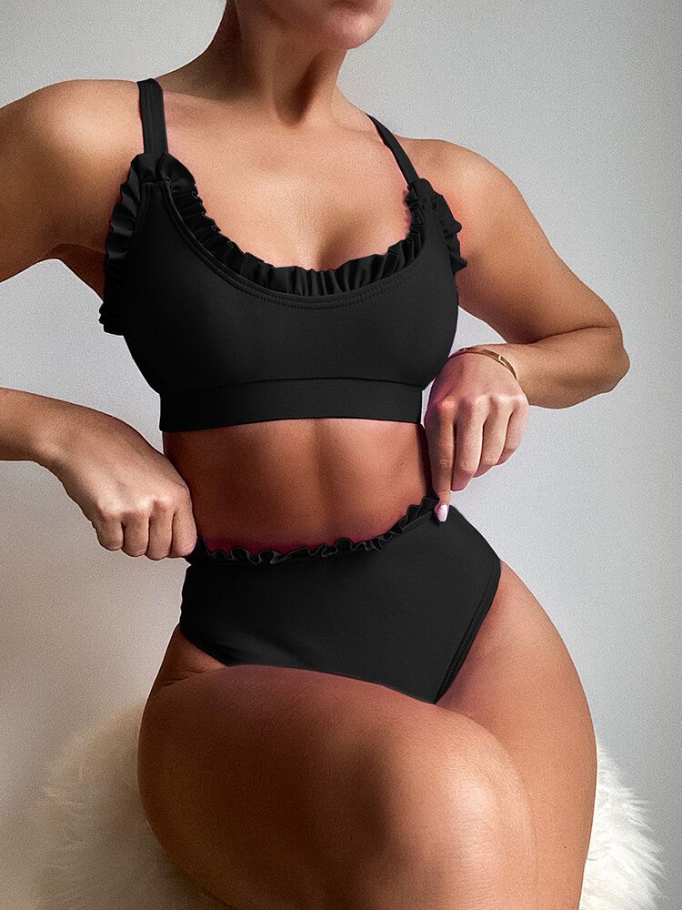 Einfarbige Bikinis Mit Rüschenbesatz Und Offenem Rücken Und Hoher Taille Für Damen