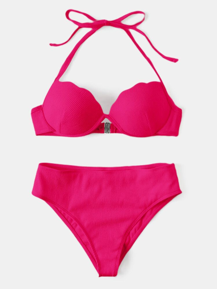 Einfarbiger Damen-bikini Mit Neckholder-schnur Und Bügel Und Hoher Taille Zum Schwimmen