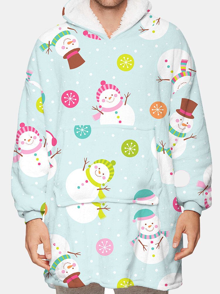 Fleecegefütterter Warmer Kapuzenpullover Mit Cartoon-schneemann-aufdruck Für Herren Wende-loungewear Mit Tasche