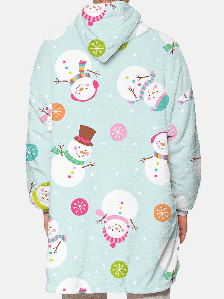 Fleecegefütterter Warmer Kapuzenpullover Mit Cartoon-schneemann-aufdruck Für Herren Wende-loungewear Mit Tasche