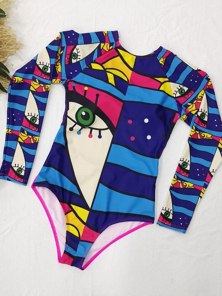 Frauen Abstract Figure Print Tie Back Long Sleeve One Piece Beach Surfing Swimwear