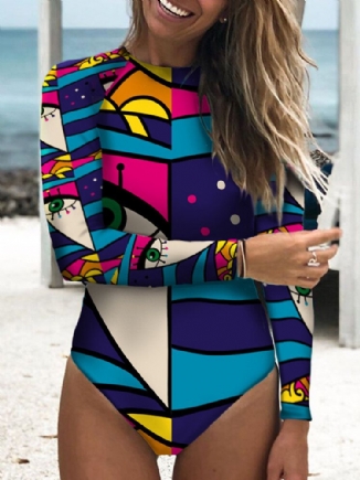 Frauen Abstract Figure Print Tie Back Long Sleeve One Piece Beach Surfing Swimwear