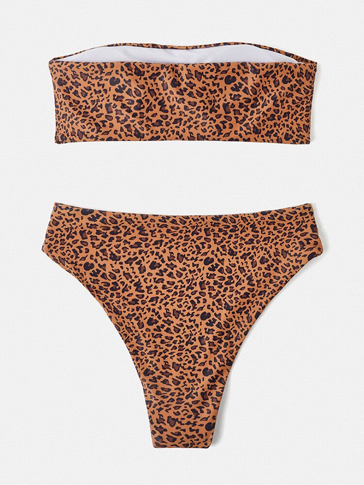 Frauen Animal Print Bandeau Backless Bikini Tanga Badeanzug