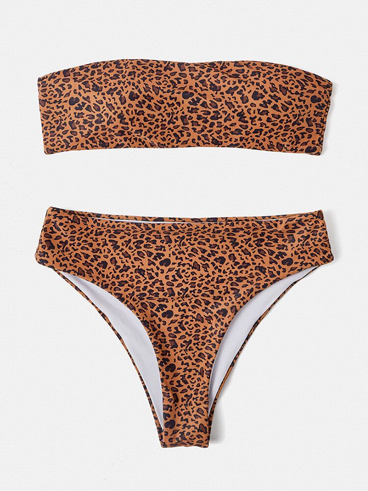 Frauen Animal Print Bandeau Backless Bikini Tanga Badeanzug