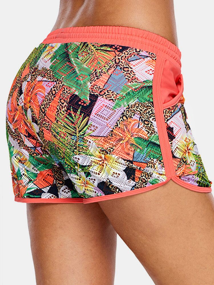 Frauen Blumendruck Aushöhlen Kordelzug Schwimmen Boyshorts