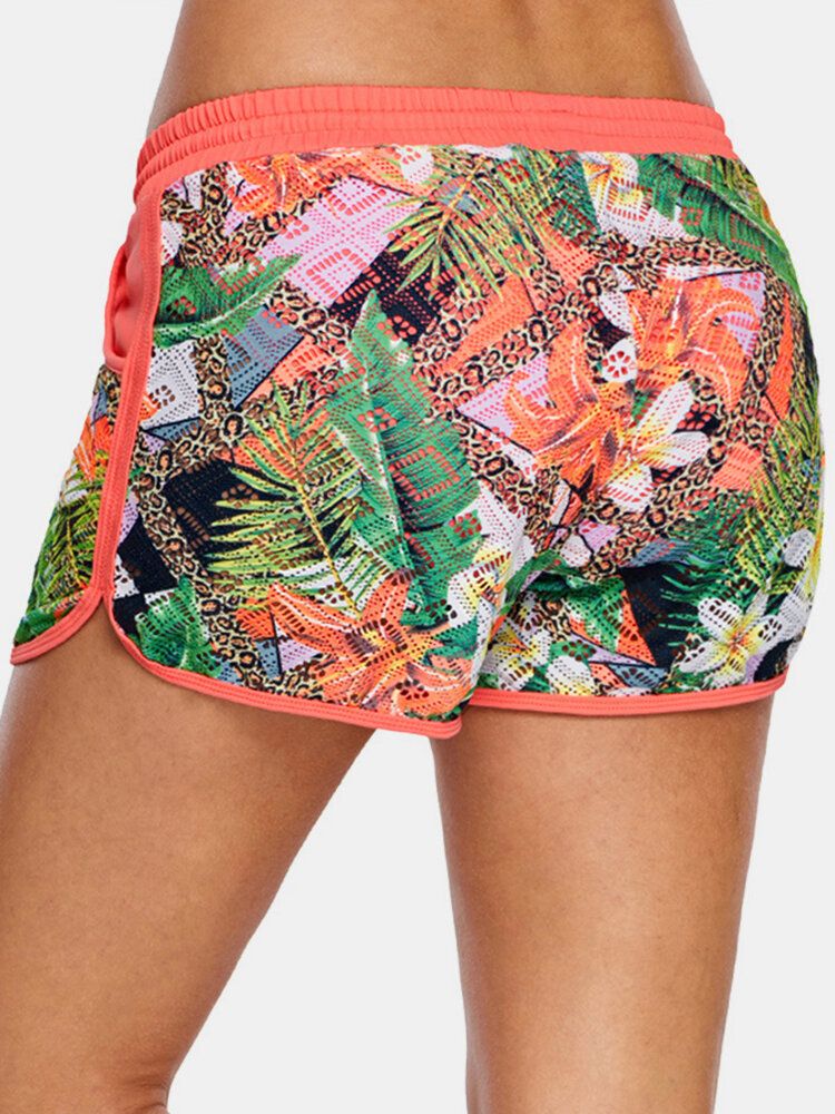 Frauen Blumendruck Aushöhlen Kordelzug Schwimmen Boyshorts