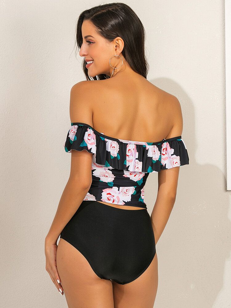 Frauen-blumendruck-rüschen-hohe Taillen-tankini-hawaii-strand-badebekleidung