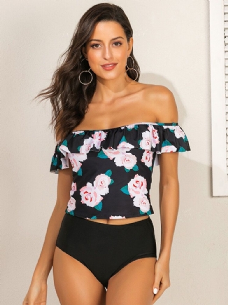 Frauen-blumendruck-rüschen-hohe Taillen-tankini-hawaii-strand-badebekleidung