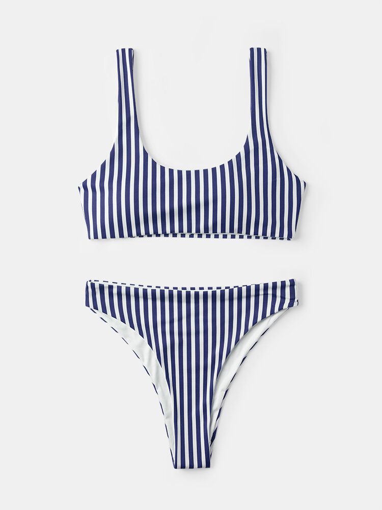 Frauen Classic Stripe Print Breite Schultergurte Bademode Rückenfreier Bikini