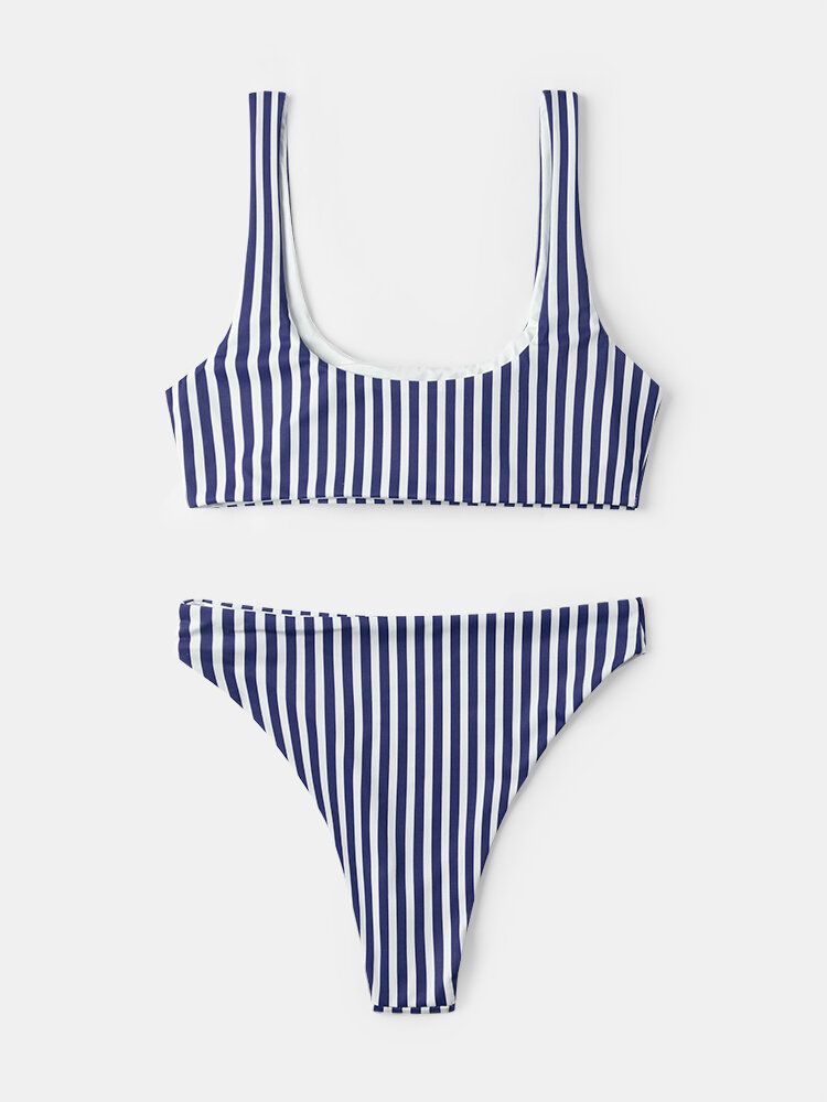 Frauen Classic Stripe Print Breite Schultergurte Bademode Rückenfreier Bikini