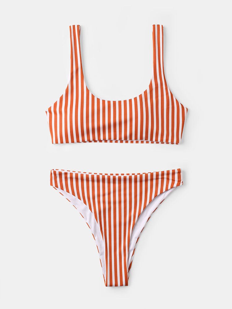 Frauen Classic Stripe Print Breite Schultergurte Bademode Rückenfreier Bikini