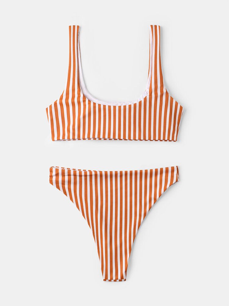 Frauen Classic Stripe Print Breite Schultergurte Bademode Rückenfreier Bikini