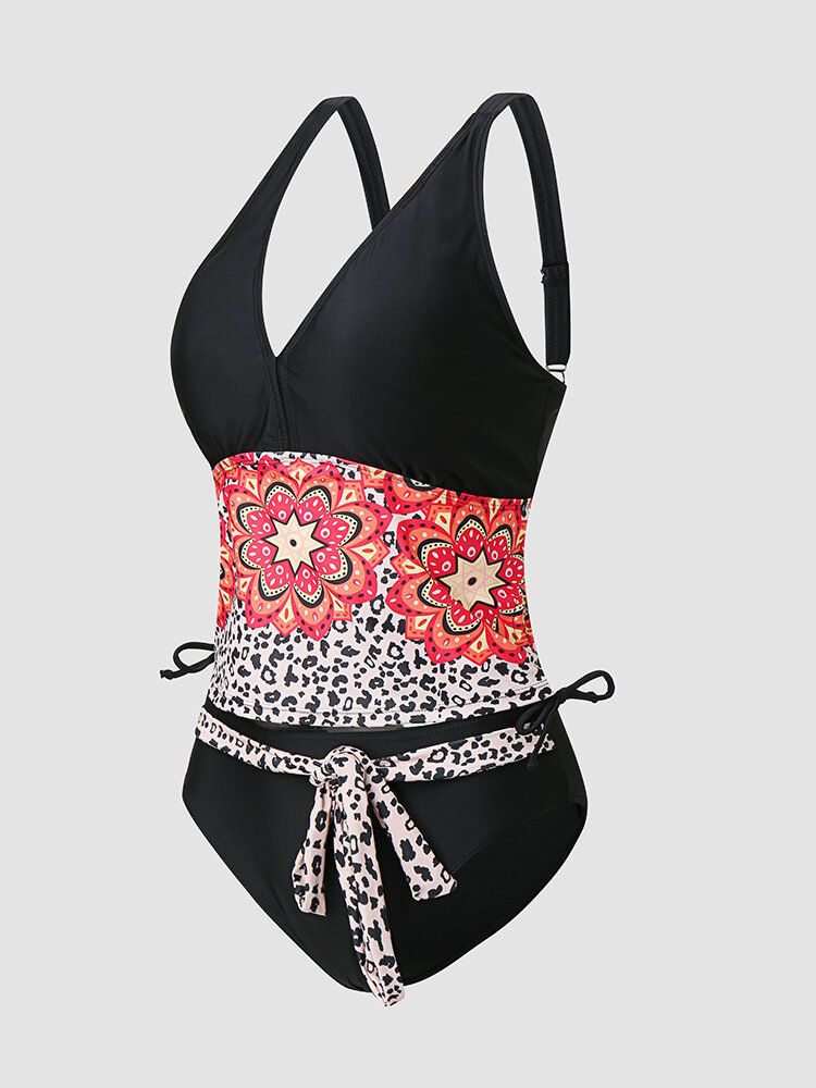 Frauen Leopard Calico Patchwork Ribbon Padded Bohemian Style Bikinis