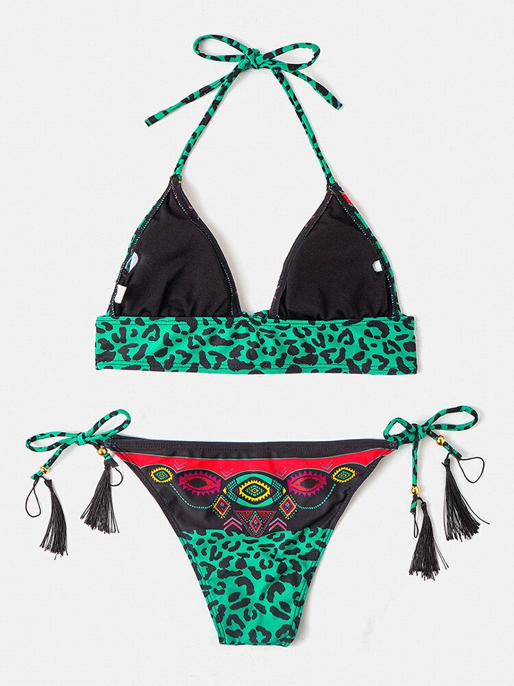 Frauen-leopard-patchwork-ethnischer Druck-halter-schnur-bikini-rückenfreie Badebekleidung