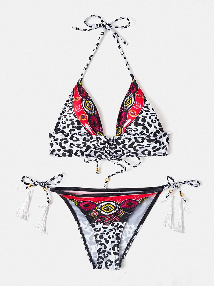 Frauen-leopard-patchwork-ethnischer Druck-halter-schnur-bikini-rückenfreie Badebekleidung