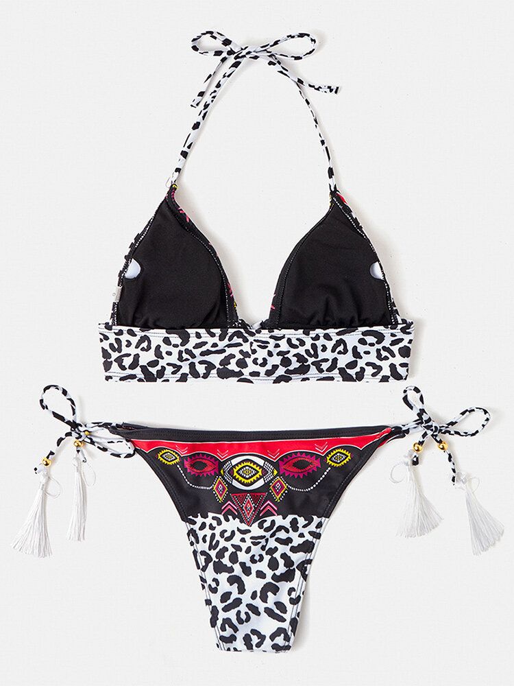 Frauen-leopard-patchwork-ethnischer Druck-halter-schnur-bikini-rückenfreie Badebekleidung