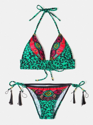 Frauen-leopard-patchwork-ethnischer Druck-halter-schnur-bikini-rückenfreie Badebekleidung