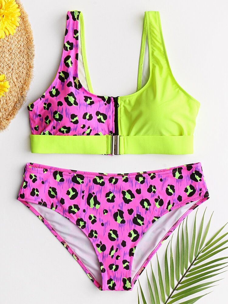 Frauen-leopard-patchwork-frontreißverschluss-bikini-rückenfreie Badebekleidung