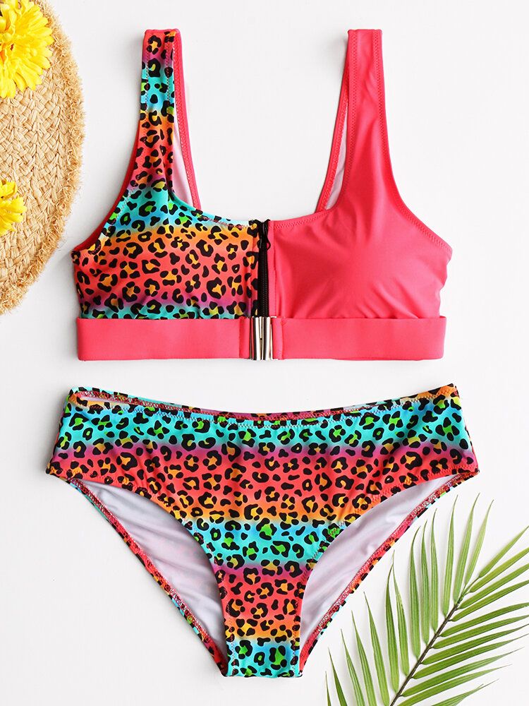 Frauen-leopard-patchwork-frontreißverschluss-bikini-rückenfreie Badebekleidung