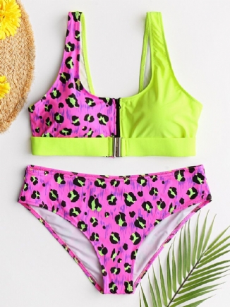 Frauen-leopard-patchwork-frontreißverschluss-bikini-rückenfreie Badebekleidung