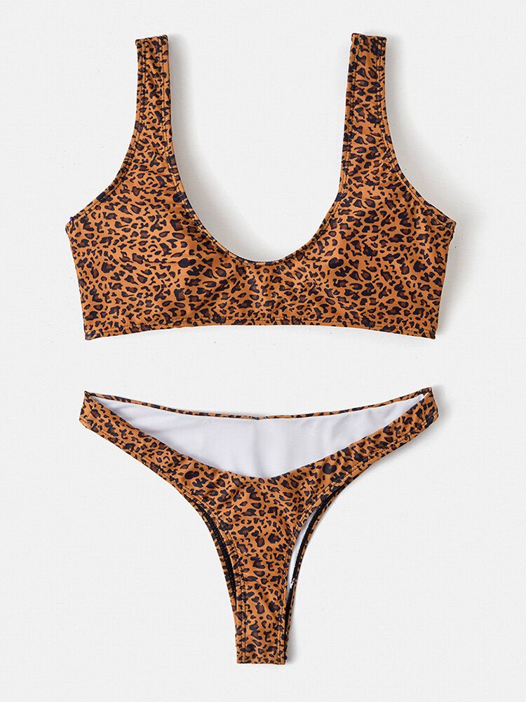 Frauen-leopard-tierdruck-breite Schultergurte Rückenfreier Bikini-zapfen-badeanzug