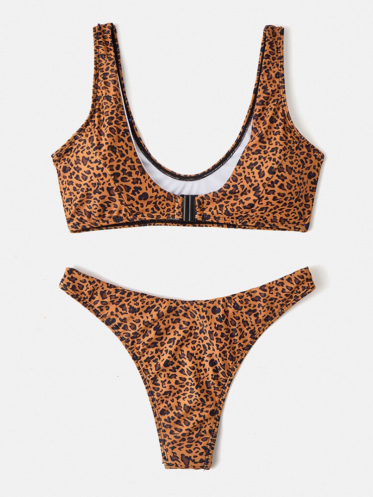 Frauen-leopard-tierdruck-breite Schultergurte Rückenfreier Bikini-zapfen-badeanzug