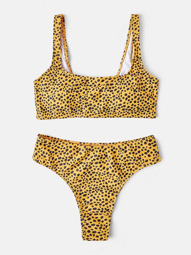 Frauen Leopard Wide Shoulder Straps Badeanzug Rückenfreier Bikini