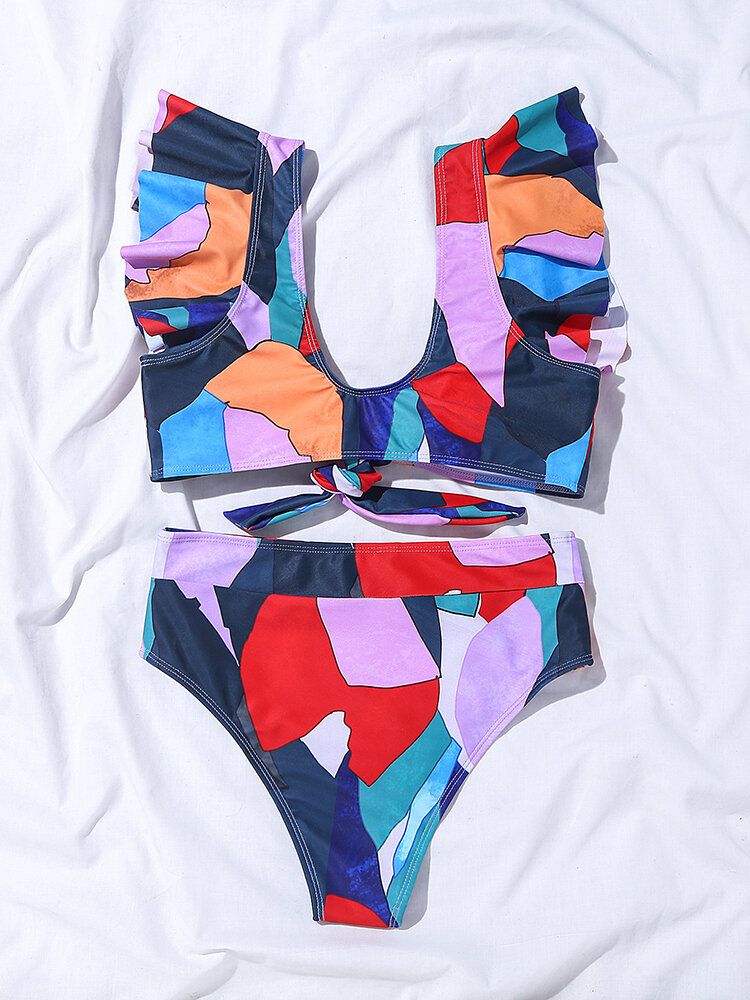 Frauen-strand-bikini Mit Geometrischem Druck Rüschen Knoten Und Hoher Taille