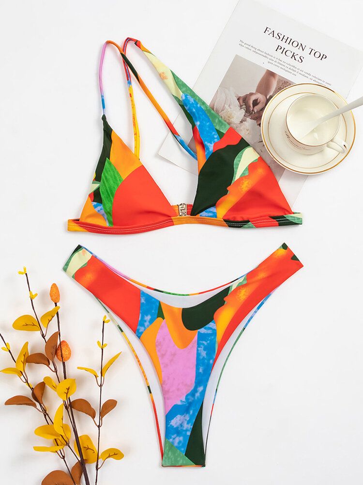 Geometry Pattern Print Color Block One-shoulder-criss-cross-hawaii-bikini