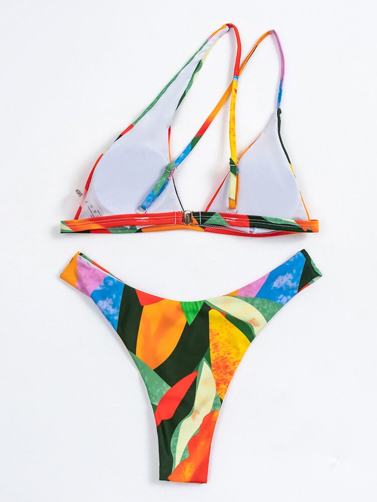 Geometry Pattern Print Color Block One-shoulder-criss-cross-hawaii-bikini