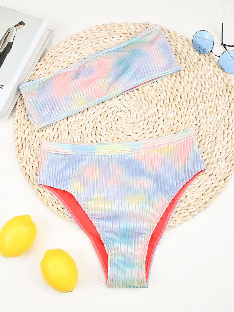 Gerippter Bandeau-bikini Mit Hoher Taille Und Batik-print