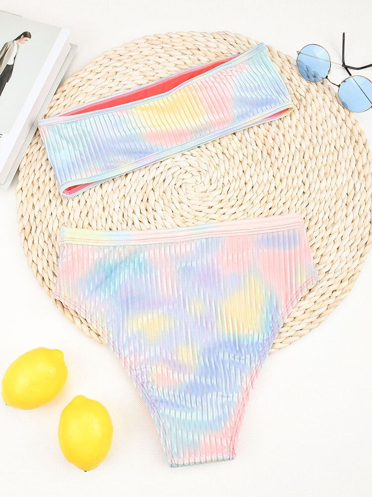 Gerippter Bandeau-bikini Mit Hoher Taille Und Batik-print