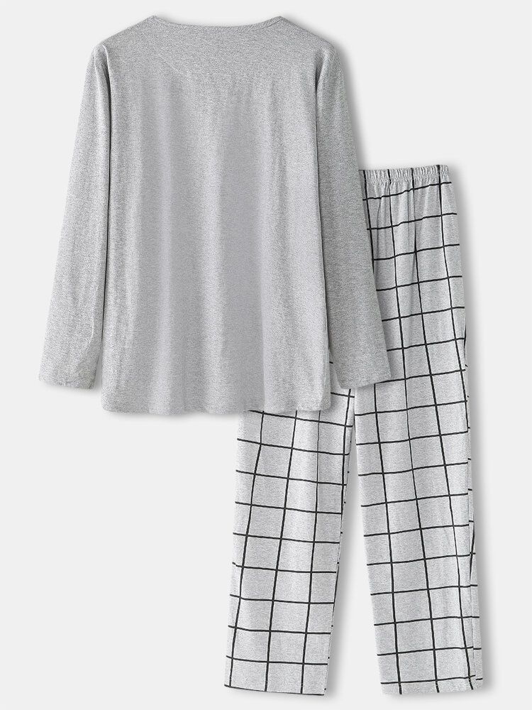 Herren 100 % Baumwolle Rundhals Top Plaid Pants Home Bequemes Pyjama-set