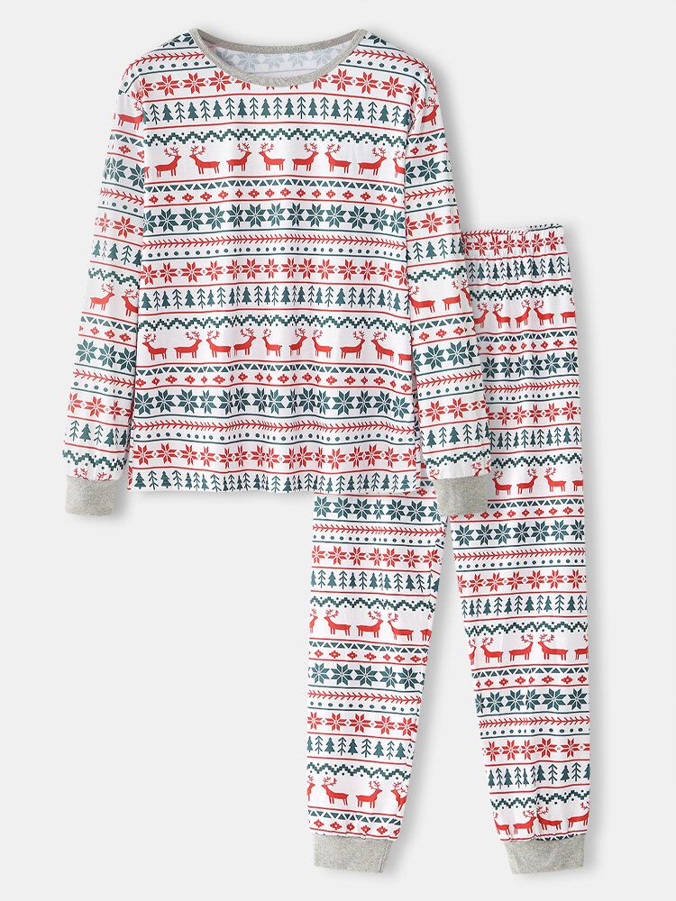 Herren Allover Elch Snowflake Print Christmas Rundhals Joggerhose Loose Home Pyjama Set