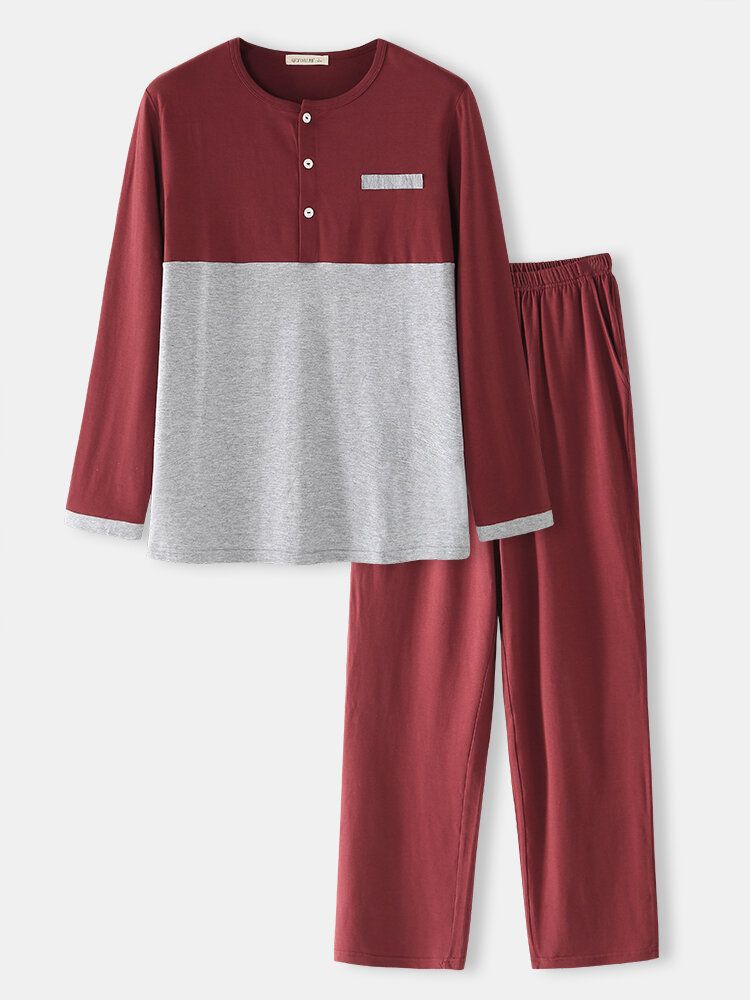 Herren-baumwoll-colorblock-halbknopf-lose-home-casual-warme-langarm-pyjama-set