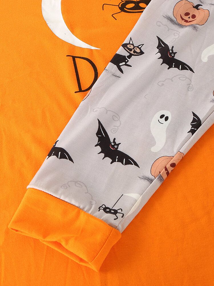 Herren Cartoon Halloween Print Patchwork Rundhalsausschnitt Lose Langarm Casual Home Pyjamas Set