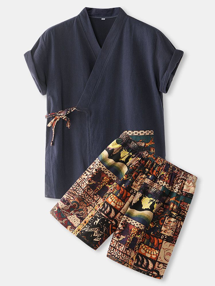 Herren-kimono Mit V-ausschnitt Und Seitlichem Bindeband Entspannte Passform Kurze Pyjama-sets Aus Baumwolle Mit Vintage-print