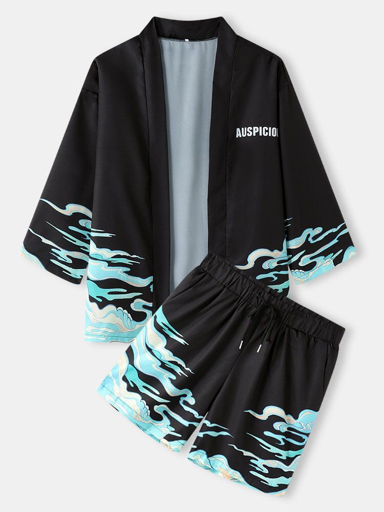 Herren-kimono Mit Wellenbuchstabendruck Urlaub Lockere Zweiteilige Outfits