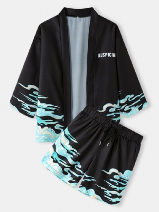 Herren-kimono Mit Wellenbuchstabendruck Urlaub Lockere Zweiteilige Outfits