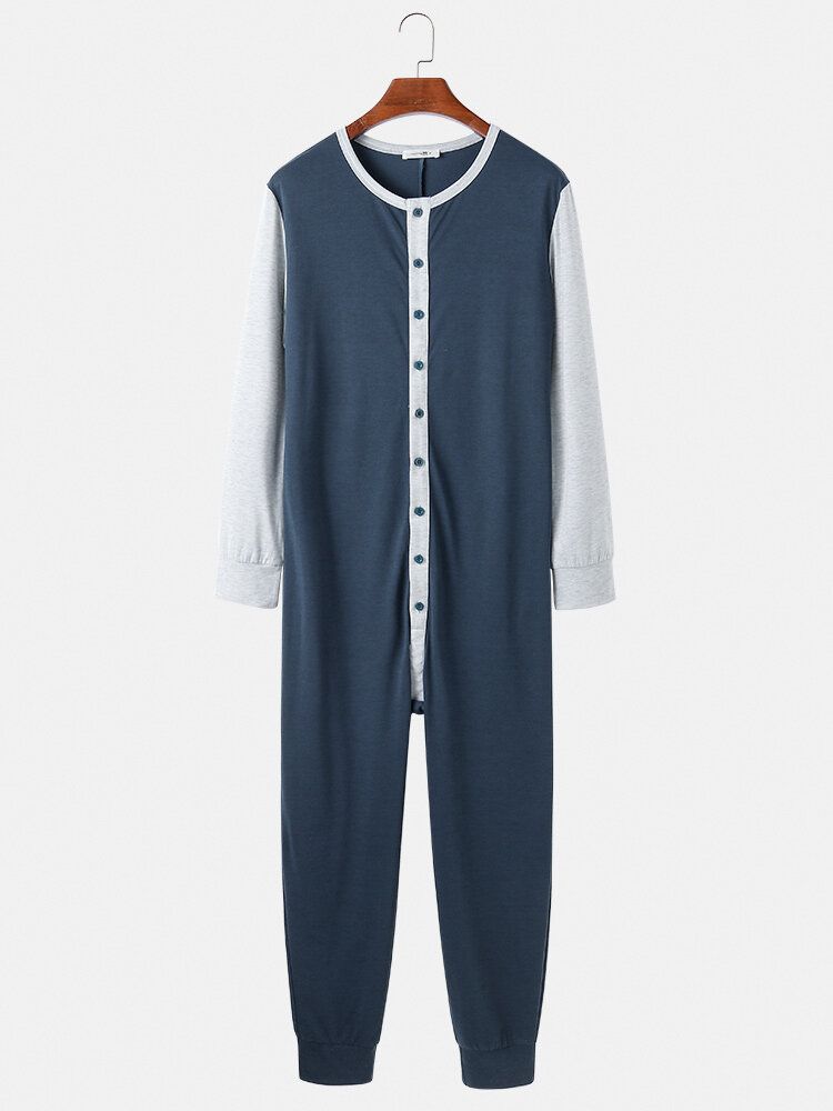 Herren-patchwork-colorblock-rundhalsausschnitt Mit Langen Ärmeln Und Bequemem Home-overall-pyjama