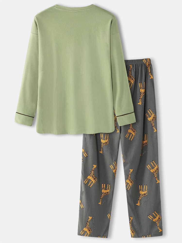 Herren-pyjama Mit Cartoon-giraffe Und Buchstaben Drop-shoulder-baumwolle Kuschelig