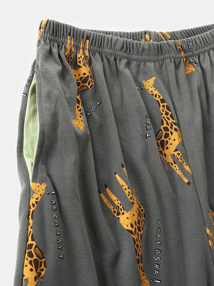 Herren-pyjama Mit Cartoon-giraffe Und Buchstaben Drop-shoulder-baumwolle Kuschelig