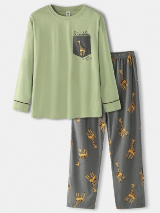 Herren-pyjama Mit Cartoon-giraffe Und Buchstaben Drop-shoulder-baumwolle Kuschelig