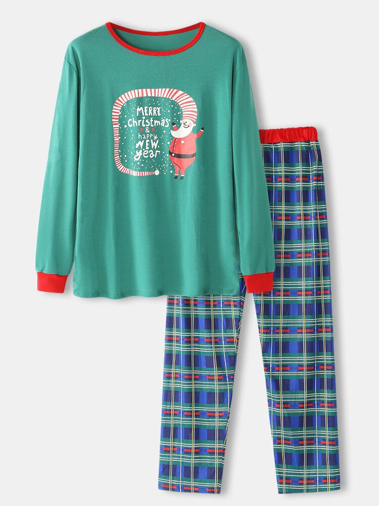 Herren-pyjama-set Mit Cartoon-weihnachtsdruck Lockerem Rundhalsausschnitt Karierten Hosen