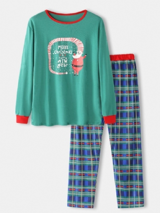 Herren-pyjama-set Mit Cartoon-weihnachtsdruck Lockerem Rundhalsausschnitt Karierten Hosen