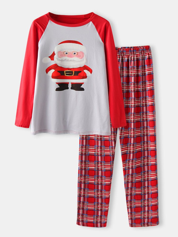 Herren-pyjama-set Mit Cartoon-weihnachtsmann-aufdruck Raglanärmeln Lockeren Karierten Hosen Für Zuhause