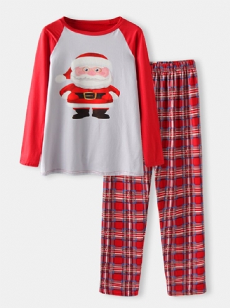 Herren-pyjama-set Mit Cartoon-weihnachtsmann-aufdruck Raglanärmeln Lockeren Karierten Hosen Für Zuhause