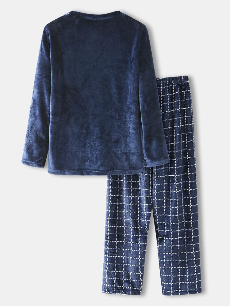 Herren Winter Flanell Plaid Rundhals Oberteile Lockere Hosen Dickes Home Lounge Pyjama Set