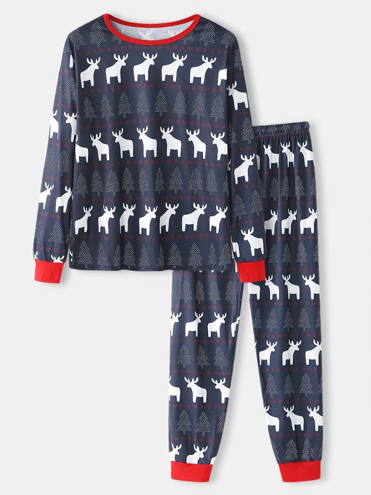 Joggerhose Mit Weihnachtlichem Elch-print Und Rundhalsausschnitt Für Herren Zweiteiliges Home Lounge Pyjama-set